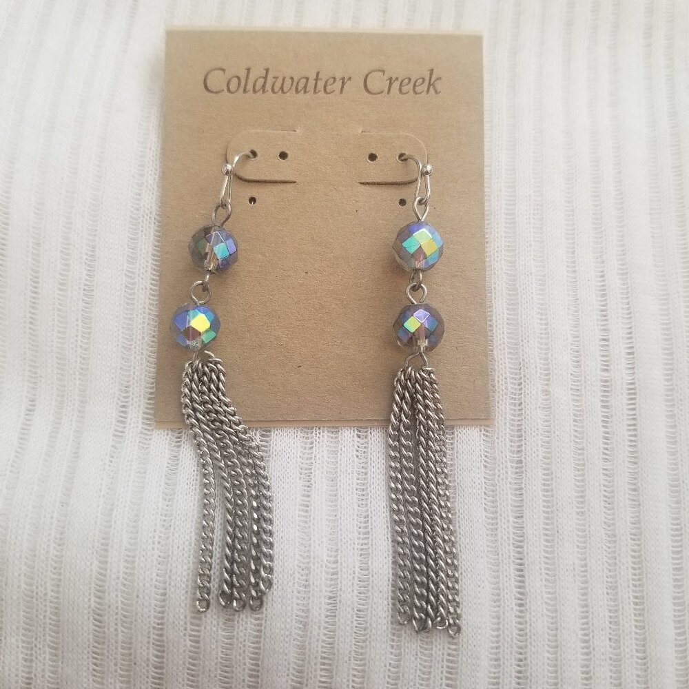 NWT Coldwater Creek Crystalline Fringe Earrings Silver Tone Beads Chains